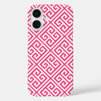 Funda iPhone 16 Patrón de claves griegas rosadas