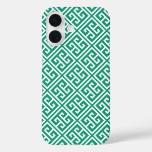 Funda iPhone 16 Patrón de claves griegas verde esmeralda