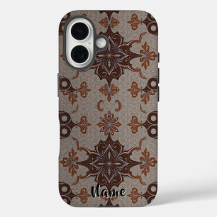 Funda iPhone 16 Patrón de cobre marrón victoriano Damask