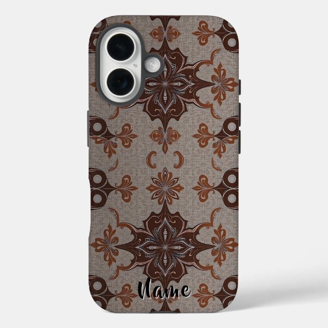 Funda iPhone 16 Patrón de cobre marrón victoriano Damask (Reverso )