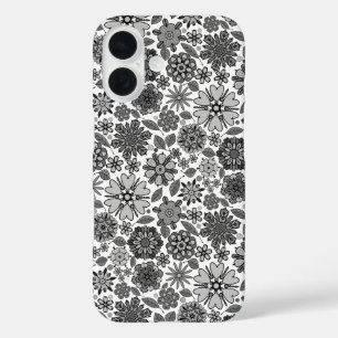 Funda iPhone 16 Patrón de color negro gris blanco retro floral de 