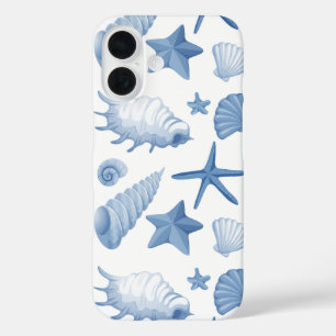 Funda iPhone 16 Patrón de conchas marinas de color azul