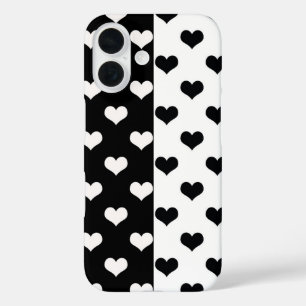 Funda iPhone 16 Patrón de corazón de amor blanco negro
