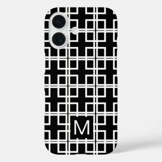 Funda iPhone 16 Patrón de cuadrados blancos y negros monogramados