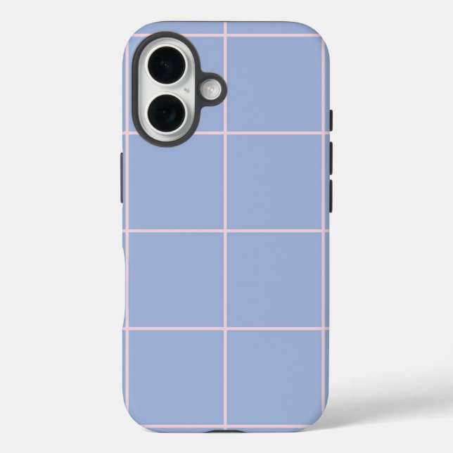 Funda iPhone 16 Patrón de cuadrícula azul y rosa suave (Reverso )