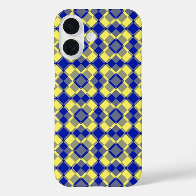 Funda iPhone 16 Patrón de cuadros Argyle azul amarillo (Reverso )