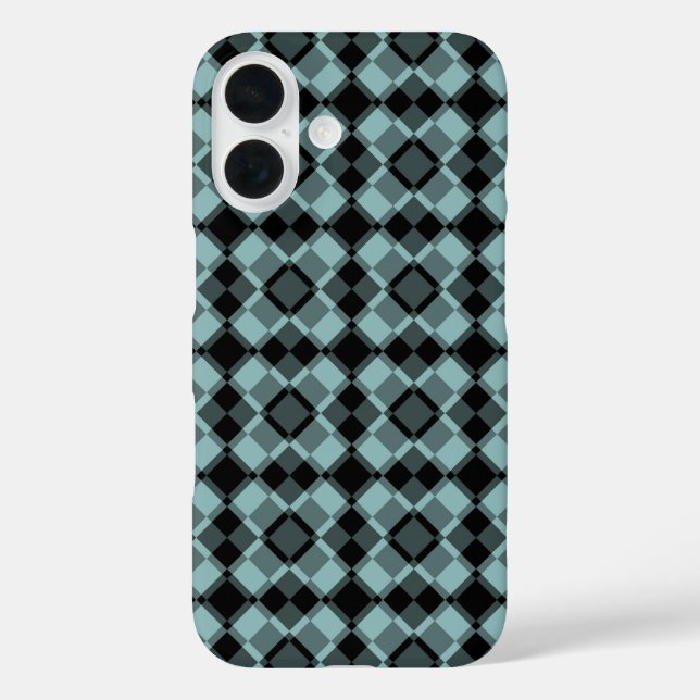 Funda iPhone 16 Patrón de cuadros argyle azul negro (Reverso )