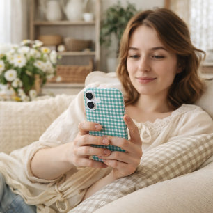 Funda iPhone 16 Patrón de cuadros gingham azul verdoso y blanco