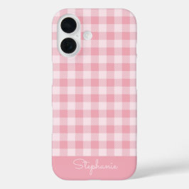 Funda iPhone 16 Patrón de cuadros rosados con nombre