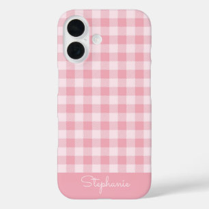 Funda iPhone 16 Patrón de cuadros rosados con nombre