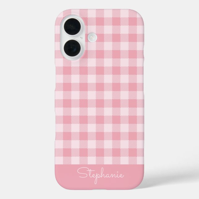 Funda iPhone 16 Patrón de cuadros rosados con nombre (Reverso )