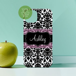 Funda iPhone 16 Patrón de damasco blanco negro con nombre de scrip
