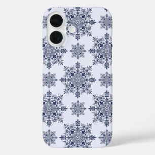 Funda iPhone 16 Patrón de Damasco de copo de nieve azul