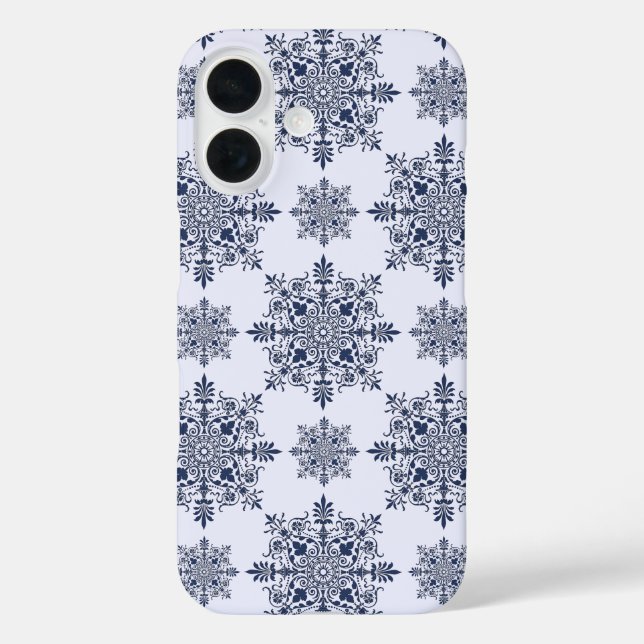 Funda iPhone 16 Patrón de Damasco de copo de nieve azul (Reverso )