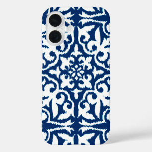 Funda iPhone 16 Patrón de damasco de Ikat - Azul cobalto y blanco