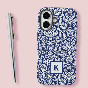 Funda iPhone 16 Patrón de Damasco de la Marina Clásica Monograma T