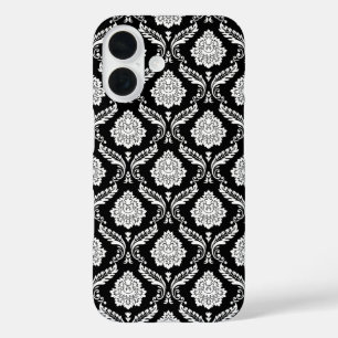 Funda iPhone 16 Patrón de Damasco Rococó Blanco sobre Negro