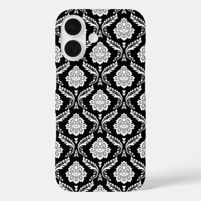 Funda iPhone 16 Patrón de Damasco Rococó Blanco sobre Negro  (Reverso )