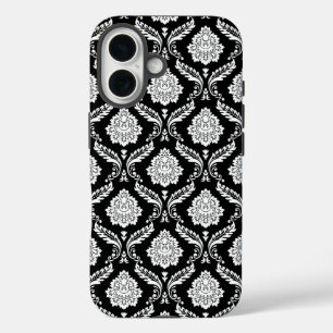Funda iPhone 16 Patrón de Damasco Rococó Blanco sobre Negro