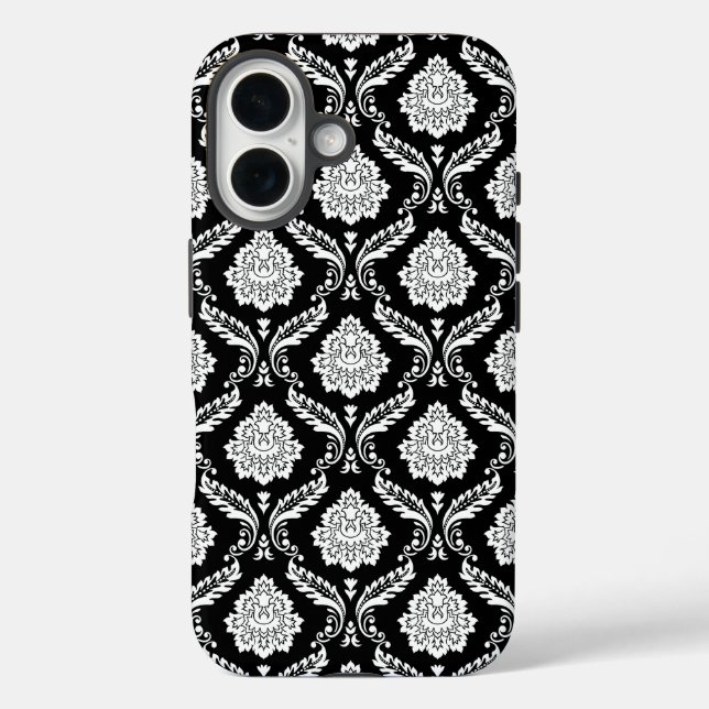 Funda iPhone 16 Patrón de Damasco Rococó Blanco sobre Negro  (Reverso )