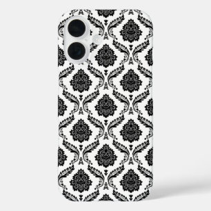 Funda iPhone 16 Patrón de Damasco Rococó Negro sobre Blanco