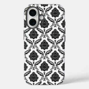 Funda iPhone 16 Patrón de Damasco Rococó Negro sobre Blanco