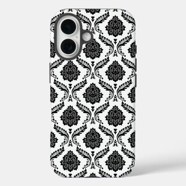 Funda iPhone 16 Patrón de Damasco Rococó Negro sobre Blanco (Reverso )
