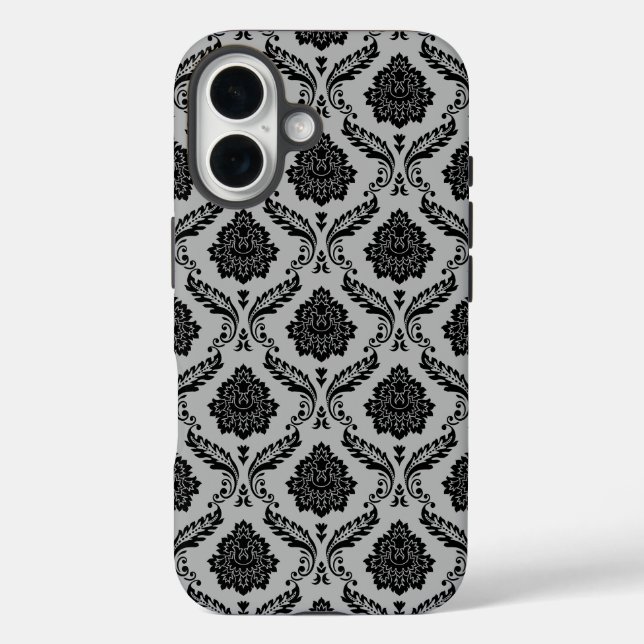 Funda iPhone 16 Patrón de Damasco Rococó Negro sobre Gris (Reverso )