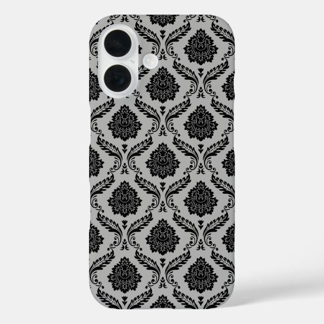 Funda iPhone 16 Patrón de Damasco Rococó Negro sobre Gris (Reverso )