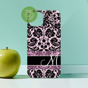 Funda iPhone 16 Patrón de Damasco rosa y negro con monograma