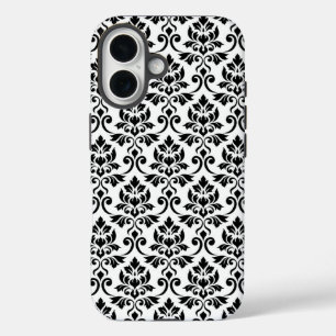 Funda iPhone 16 Patrón de Damask de Feuille negro en blanco