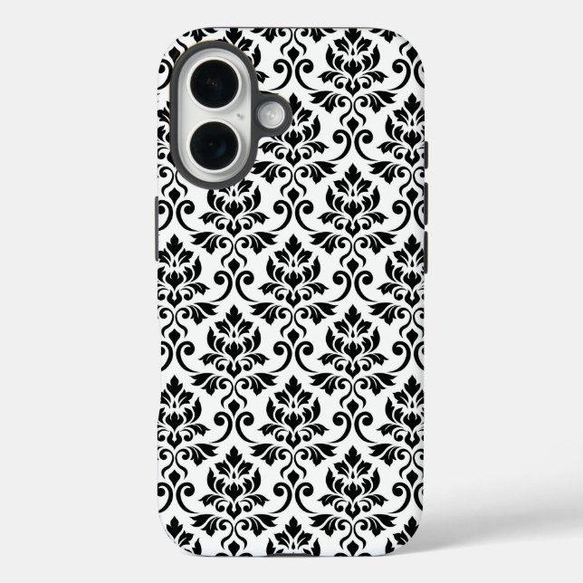 Funda iPhone 16 Patrón de Damask de Feuille negro en blanco (Reverso )
