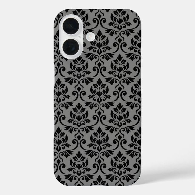Funda iPhone 16 Patrón de Damask de Feuille negro en gris (Reverso )