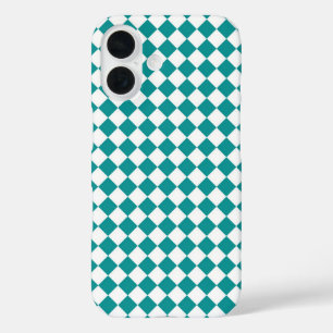 Funda iPhone 16 Patrón de diamante de cuadros blancos y turquesa