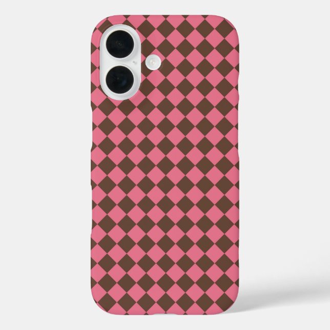 Funda iPhone 16 Patrón de diamante de cuadros rosa marrón (Reverso )