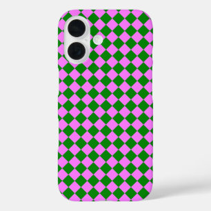 Funda iPhone 16 Patrón de diamante de cuadros rosa verde