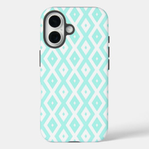 Funda iPhone 16 Patrón de diamante turquesa y blanco