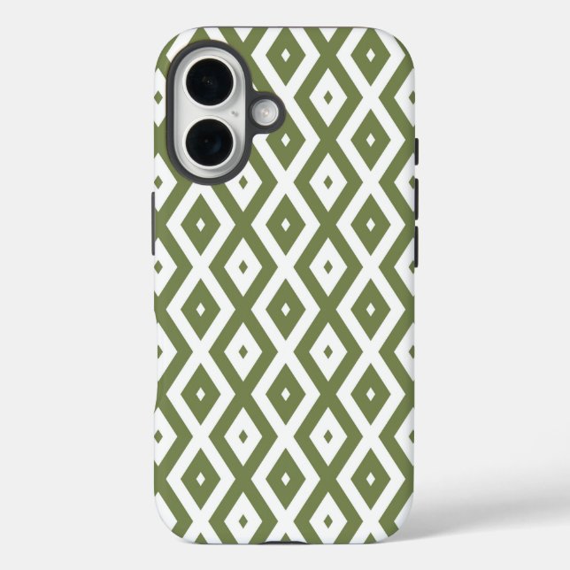 Funda iPhone 16 Patrón de diamante verde oliva y blanco (Reverso )