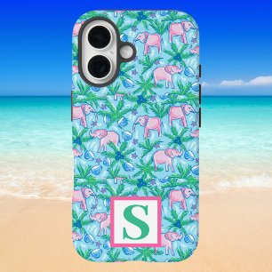 Funda iPhone 16 Patrón de elefante elegante con monograma personal
