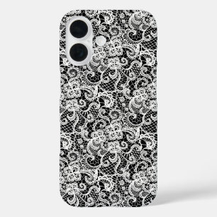 Funda iPhone 16 Patrón de encaje blanco sobre negro