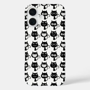 Funda iPhone 16 Patrón de expresiones de gato negro monograma