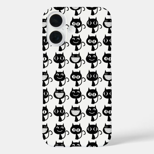 Funda iPhone 16 Patrón de expresiones de gato negro monograma (Reverso )