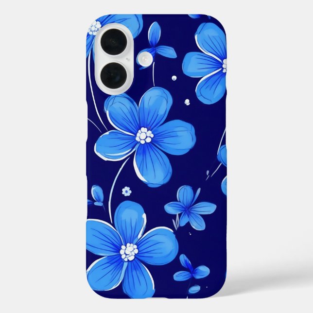 Funda iPhone 16 patrón de flor azul (Reverso )