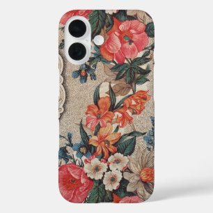 Funda iPhone 16 Patrón de flor blanca de naranja rojo vintage