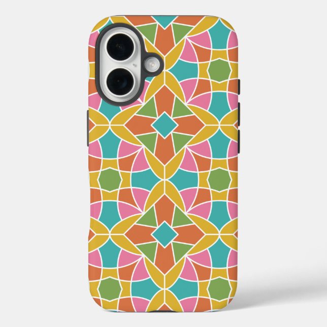 Funda iPhone 16 Patrón de flor geométrica arco iris retro (Reverso )