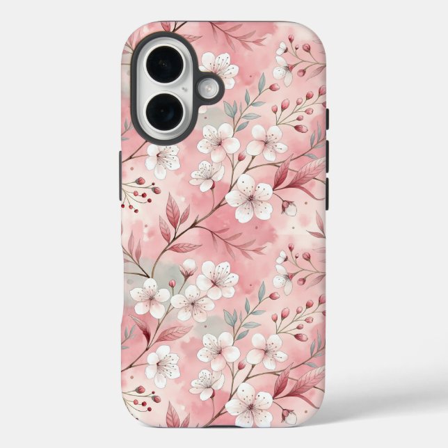 Funda iPhone 16 Patrón de flor sakura rosado (Reverso )
