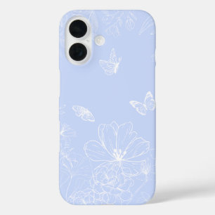 Funda iPhone 16 Patrón de flores azules claras, floral, Minimalist