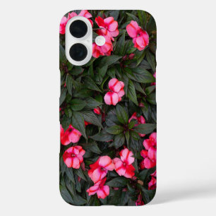 Funda iPhone 16 Patrón de flores de impatiens de Nueva Guinea rosa
