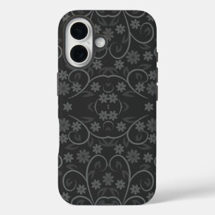 Funda iPhone 16 Patrón de flores grises tiras almohada