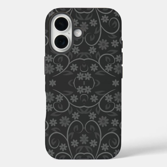 Funda iPhone 16 Patrón de flores grises tiras almohada (Reverso )